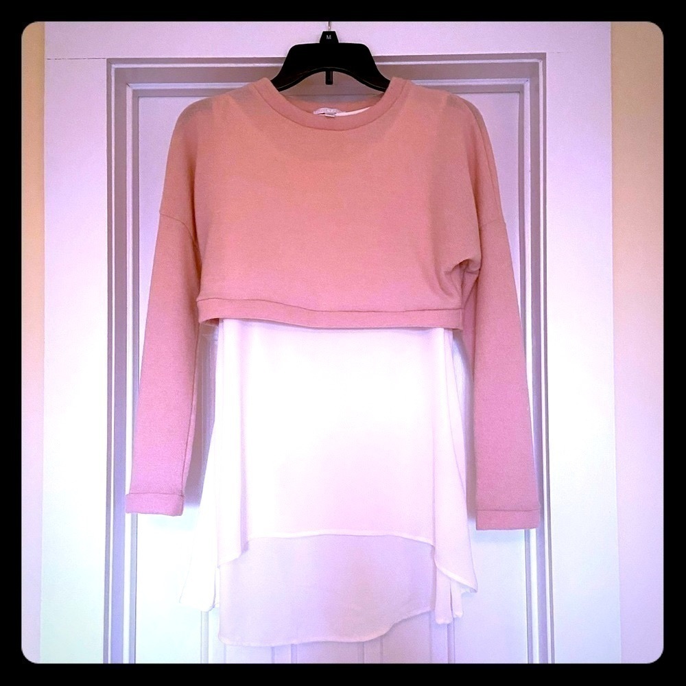 ABOUND Soft Pink Fleece Crop Sweater w/ White Sheer Attached Tank Top Size XS